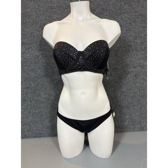 Rare Victoria Secret Bikini Set Black Lace Up Top & cheeky Bottoms Swimwear M - Picture 1 of 8